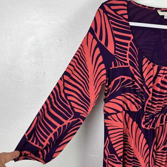 Boden Women's US 10 Purple Orange Leaf Print Quarter Sleeve Elastic Waist Dress - Picture 6 of 10